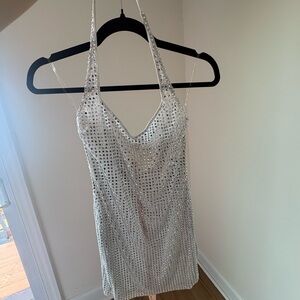 Embellished Halterneck Mini Dress in White